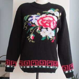 Vintage Knit Floral Design Crew Neck Sweater Size M Black, Multicolor by Rinzi